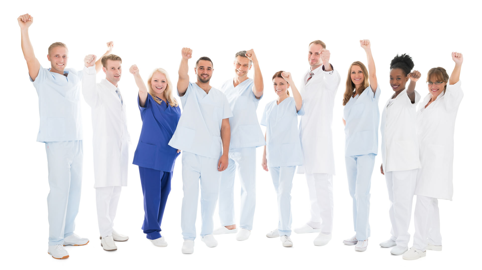 full-length-portrait-of-multiethnic-medical-team-standing-with-arms-raised-against-white